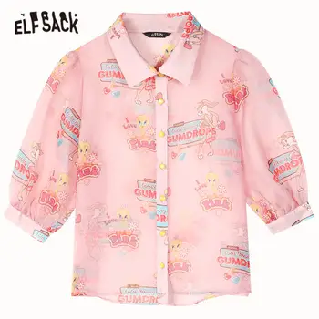 ELFSACK Pink Cartoon Print Single Prašmatnus Krūtinėmis Atsitiktinis Marškinėliai Moterims 2020 Metų Vasaros ELF Derliaus Žr.-Per korėjos Ponios Dienos Topai