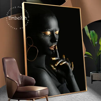 Embelish Juoda Kūrinius Afrikos Nuogas Moteris Su Aukso Dažai Namų Dekoro Cuadros Sienos Plakatus HD Drobės Kambarį Paveikslai