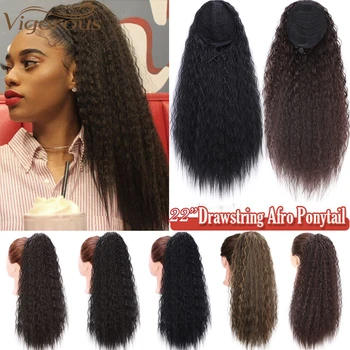 Energingas Ilgai Afro Keistą Garbanoti plaukai surišti į uodegą Pratęsimo 22 Colių Sintetinių Raišteliu Kukurūzų Plaukų Gabalas Moterims Juoda Ruda