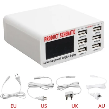 ES/JAV/UK Plug 6A 6 USB Prievado, Greitas Įkroviklis HUB Sienos Įkrovimo Adapteris LCD Ekranas Mobiliųjų Telefonų Krovikliai