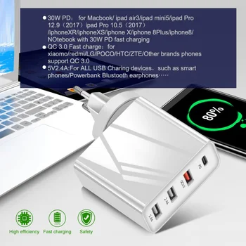ES UK Plug Multi-port Greitai Įkrauti QC PD Įkroviklis 30W QC3.0 USB C Tipo Greitas Įkroviklis IPhone Samsung 