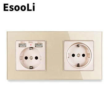 Esooli Gold 2 Gaujos ES Standartinį elektros Lizdą, prabangūs Krištolo Stiklo Skydelis Su 2 USB Įkrovimo Uosto Paslėptas Minkštas LED Indikatorius