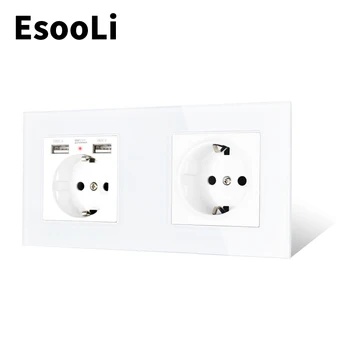 Esooli Gold 2 Gaujos ES Standartinį elektros Lizdą, prabangūs Krištolo Stiklo Skydelis Su 2 USB Įkrovimo Uosto Paslėptas Minkštas LED Indikatorius