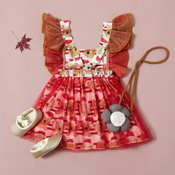 Europoje ir Amerikoje Kalėdų vaikams, kūdikių mergaitės skristi rankovės kratinys animacinių filmų spausdinimo suknelė KALĖDOS Kelio ilgio suknelė kūdikiams 0-24M