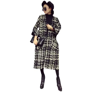 Europos ir Amerikos mados tendencija moterų ilgų vilnonių Tranšėjos paltai rudens ir žiemos naujas houndstooth tvido švarkelis cardigan