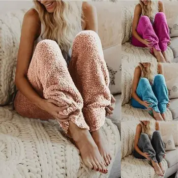 Europos ir Amerikos Nauji moteriški šilta miego kelnės Žiemos Šiltu Vilnos sleepwear Ilgas Kelnes Moterims vientisos Spalvos Loungewear Nightwea