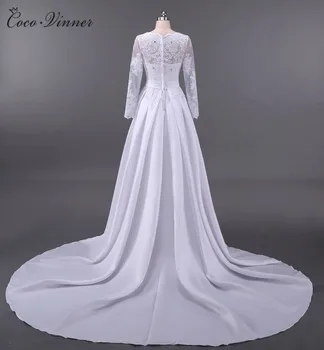 Europos Stiliaus V-Kaklo, ilgomis Rankovėmis Nėrinių Appliques Plius Dydis Vestuvių Suknelė linijos, Satino vestuvių suknelė vestuvių suknelės W0040