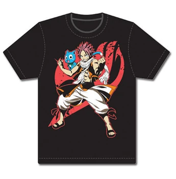 Fairy Tail Natsu Ir Laimingas Black VYRIŠKI T-Shirt Anime Licenciją naujas Naujas Mados Tee Marškinėliai
