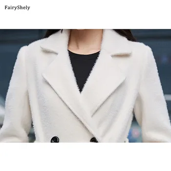 FairyShely korėjos Mados Baltas Vilnonis Paltas 2020 M. Moteris Rudens-Žiemos Naujas Plius Dydis Moterų Ilgai Skyriuje Kailis Office Lady 3XL