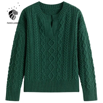 FANSILANEN V kaklo pasukti seksualus žalia megzti megztinis Moterims rudens, žiemos, derliaus, negabaritinių megztinis Moteriška atsitiktinis kalėdinis megztinis