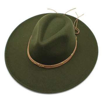 Fedora skrybėlės didelis kraštų 9.5 cm armijos žalia juoda su juosta, virvė moterų skrybėlės vyrų vientisos spalvos veltiniai oficialų derliaus rudenį, žiemą kepurės