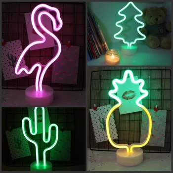 Flamingo Kaktusas Kalėdų Eglutė LED Neon Naktį Šviesa Bazės USB Ir Baterijos stalinės Lempos, Vaikų Kambarys, Švenčių Dovanos