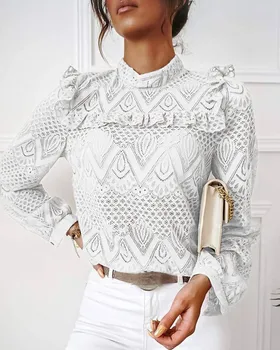 Foridol elegantiška baltos spalvos nėrinių palaidinė moterims ilgomis rankovėmis rudens ir žiemos plonas vintage palaidinė marškinėliai 2020 matyti per nėrinių viršūnės moteris