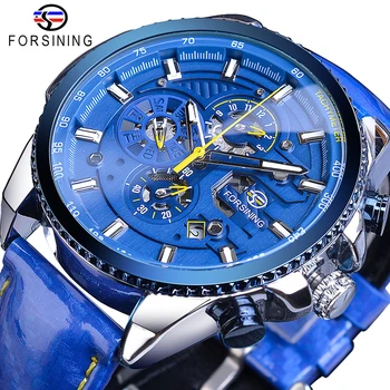Forsining Blue Dial Prabanga Vyrai Automatinis Laikrodžiai, Nerūdijančio Plieno, Kalendorius Vandeniui Natūralios Odos Juosta Mechaninė Vyrų Laikrodis