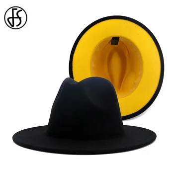 FS 60CM Skrybėlę Juoda Geltona Kratinys Fedora Skrybėlės Moterims, Platus Kraštų Džiazo Vilnos Veltinio Panama Trilby Kepurės Vyrų Derliaus Lošėjas Bžūp