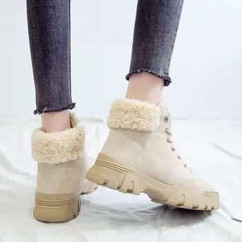 Fujin moterys sniego batai smėlio pliušinis šilta kailio priežastinis batai batai sportbačiai čiurnos bateliai platformos storio vienintelis nėrinių žiemos batai