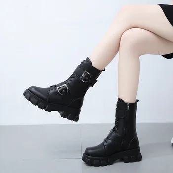 Fujin moterų batai jojimo motociklų juoda punk aukštos kokybės odos, sagtis zip nėriniai batai batai platformos stambusis sportbačiai