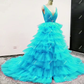 Fuksija Pakopų Vakaro Suknelės Prom Tiulio V Kaklo Appliques Arabų Vestidos De Fiesta De Noche Chalatas De Soiree Plius Dydis