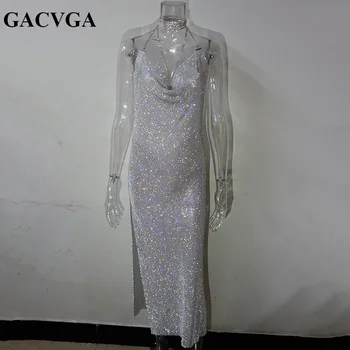 GACVGA 2020 Spindi Krištolo, Metalo Ilga Suknelė Moterims Backless Summer Maxi Dress Padalinta Seksualus Suknelės, Šaliai, Vestidos