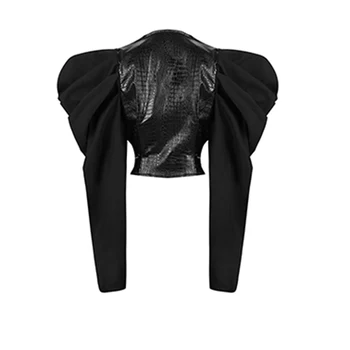 GALCAUR Asimetrinė Palaidinė Moterims V Kaklo Sluoksniuotos Long Sleeve Ruched Nėrinių Pu Streetwear Palaidinės Moterų 2020 M. Mados Drabužiai Nauji
