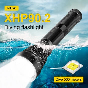 Galingas, atsparus vandeniui žibintuvėlis xhp90.2 profesionalių nardymo žibintuvėlis žibintuvėlis įkraunamas 18650 26650 baterija flash šviesos lempos