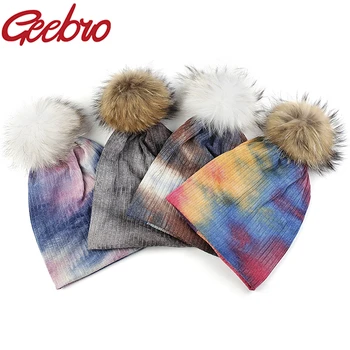 Geebro Moterų Spalvotų Kaklaraištis dažų Skrybėlę Meškėnas Fox Fur Pompon Slouchy Kepurės Rudenį, Žiemą ponios Briaunoti Medvilnės Beanies baggy Skrybėlės