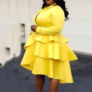 Geltona Moterų Suknelė 2019 M. Rudenį Ilgomis Rankovėmis Vidurio Blauzdos V-Kaklo Asimetrinė Puloveris Sluoksnių Suknelė Raukiniai Afrikos 