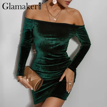 Glamaker Off sholder seksualus, elegantiškas Kalėdų vakarėlį aksomo mini suknelė Bodycon žiemą, rudenį slim ponios mados suknelė 2020 naujas