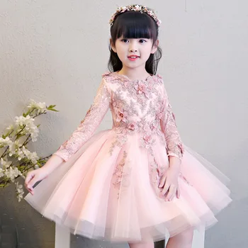 Glizt Gėlių Mergaitėms Rožinė Vestuvių Suknelės Vaikams Ilgomis Rankovėmis Granulių Appliques Nėrinių Šalis Princess Gimtadienio Suknelė Pirmos Komunijos Suknelė
