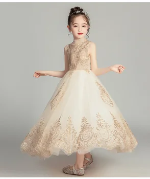 Golden China Nėrinių Mergina Vestuvių Suknelė Ilgai Gėlių Mergaitės Suknelė Princesė Šalies Pirmosios Komunijos Suknelė Baby Girl Krikšto Inscenizacija Suknelė