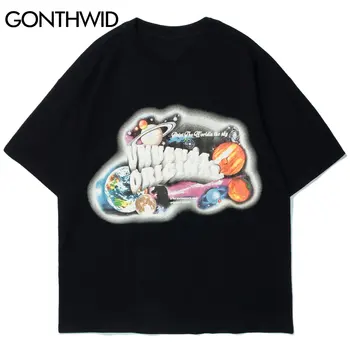GONTHWID Tshirts Streetwear Visatos Galaktikos Planetų Spausdinti Trumpas Rankovės Tees Marškinėliai Vyrams Harajuku Hip-Hop Atsitiktinis trumpomis Rankovėmis Viršūnes