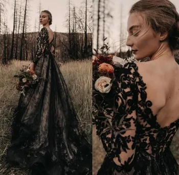 Gotikos Juoda Nėrinių Vestuvių Suknelės Linijos, Ilgomis Rankovėmis, V-Kaklo Teismas Traukinio Derliaus Vestuvinės Suknelės 2021 Plus Size Vestidos De Noiva