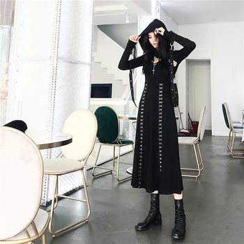Gotikos moterų harajuku juodos suknelės, Striukės Vasarą 2019 rankovių backless-line seksualus punk rock