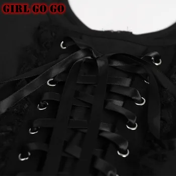 Gotikos moterų sexy rezervuaro viršaus juodas kaklaraištis priekyje tvarstis bustier camisole nėriniai hem raukiniai atvira nugara zip užtrauktukas iki pasėlių viršuje F92006