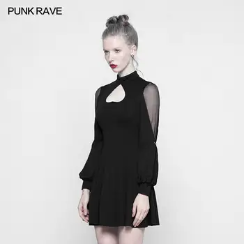 Gotikos Tuščiaviduriai iš širdies formos seksuali moteriška suknelė Klasikinės juodos spalvos nėrinių rankovės perspektyvos slim miela suknelė Punk rave OPQ-305LQF