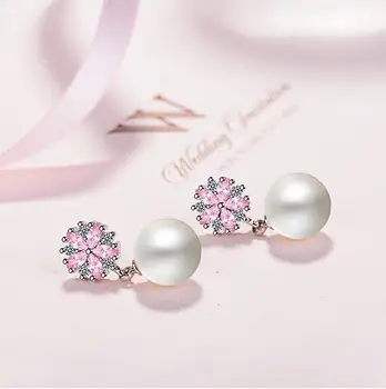 Grynas 925 sterlingas sidabro mados perlų žvilgesio cz cirkonis gėlių moterims, dovana ponios stud auskarai, juvelyriniai dirbiniai didmeninė