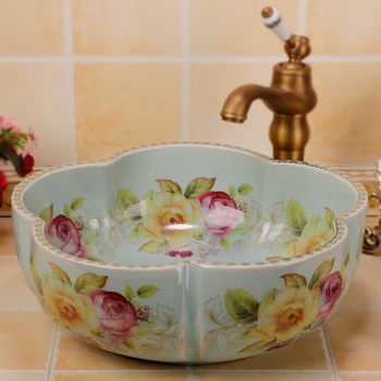 Gėlių formos rose dažytos porceliano vonios skalbimo veido baseino kriaukle