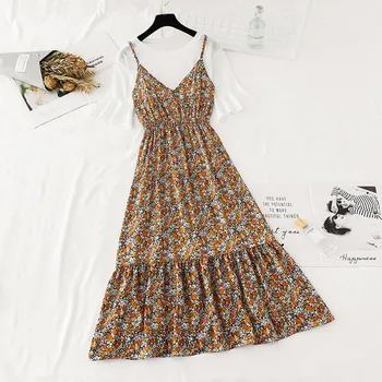 Gėlių spausdinti 2 dalių Komplektas vasaros Suknelė Moterims 2020 Naujas Bohemijos Šifono Diržas Ilga Suknelė Vintage Trumpas rankovės Raukiniai Vestido