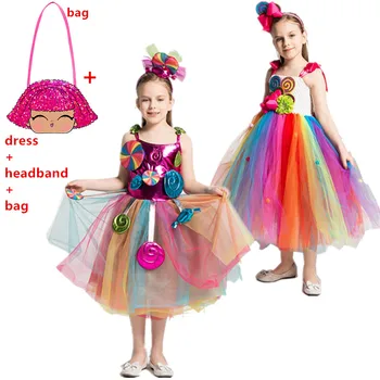 Halloween Kostiumai vaikams Mergaitėms Vaivorykštė Saldainiai Suknelė Vaikai Saldainis Modeliavimo Frock Vasaros Vaikų Gimtadienio Drabužius+krepšys