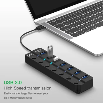 Hannord USB Hub 3.0 High Speed 4 / 7 Port USB 3.0 Hub Splitter su On/Off Jungiklis PC Windows 