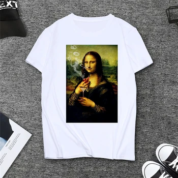 Harajuku Juokinga Mona Lisa atspausdintas T-shirt vasaros moterų mados streetwear marškinėliai atsitiktinis trumparankoviai baltos spalvos Marškinėlius, Moterų Topai