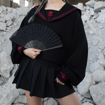Harajuku Megztinis Moterims Prarasti Juodos Palaidinės Japonijos Preppy Stilius Rose Erškėčių Siuvinėjimo Trumpa Palaidinukė Gothic Girl