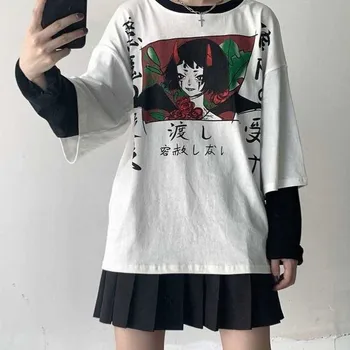 Harajuku Streetwear Vintage White Marškinėliai Moterims Gotikos Viršūnes Kawaii Animacinių Filmų Juokingas Anime Spausdinti Paauglių Mergaičių Long Sleeve Tee Marškinėliai