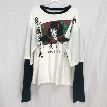 Harajuku Streetwear Vintage White Marškinėliai Moterims Gotikos Viršūnes Kawaii Animacinių Filmų Juokingas Anime Spausdinti Paauglių Mergaičių Long Sleeve Tee Marškinėliai