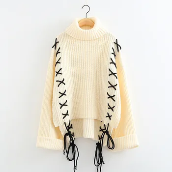 Harajuku Vintage Megztinis Moterims Rudens Žiemos Trikotažas Nėrinių Smėlio Juoda Golfo Megztiniai Megztinis Aukšta Žema Dizaino Džemperiai