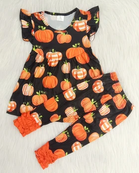Helovinas vaikams drabužių mergina atostogų trumpas rankovės apranga boutique drabužių nustatyti mergina moliūgų modelio apranga su apledėjimo pynimas