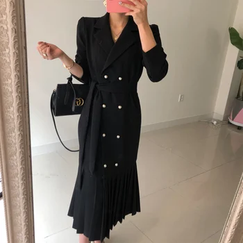 Hepburn stiliaus 2020 m. pavasarį ir rudenį naujų korėjos mados kostiumą apykaklės profesionalus suknelė vidutinio ilgio virš kelio klostuotas sijonas
