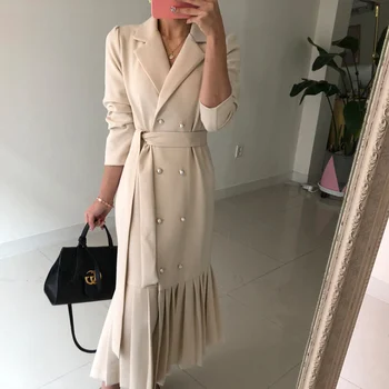 Hepburn stiliaus 2020 m. pavasarį ir rudenį naujų korėjos mados kostiumą apykaklės profesionalus suknelė vidutinio ilgio virš kelio klostuotas sijonas