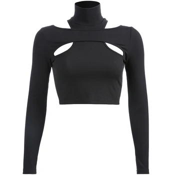 HEYounGIRL Golfo ilgomis Rankovėmis Marškinėlius Moterims Pagrindinio Black Marškinėliai Moteris Harajuku Tuščiaviduriai Iš Sexy Apkarpyti Viršūnes Tees Slim T-shirts