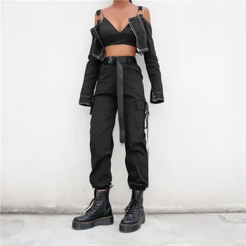 HEYounGIRL Streetwear Chaki Krovinių Kelnės Moterims Capri Laisvalaikio Aukšto Liemens Kelnės Juoda Harajuku Moterų Kelnes Parchwork su Sagtimi